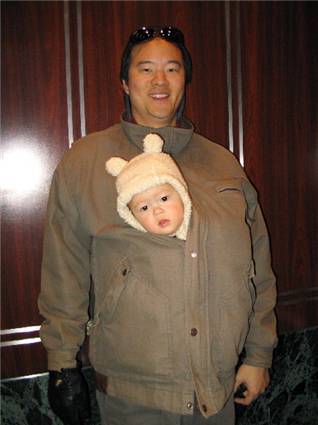 With Daddy and bundled up in a MNM PIP pouch 